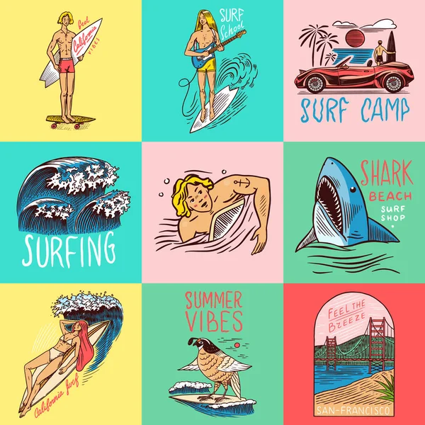 Insignia de surf, logotipo Vintage Surfer. Ola Retro y palma. Summer California pins set. Hombre en la tabla de surf, playa y mar. Emblema grabado dibujado a mano. Banner o póster. Deportes en Hawaii . — Vector de stock