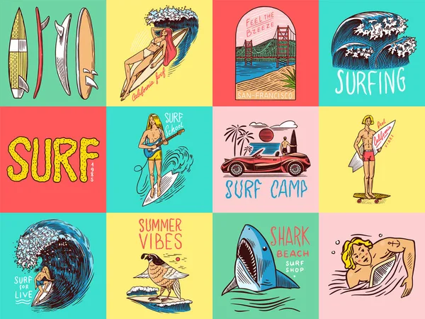 Sörf rozeti, Vintage Surfer logosu. Retro dalga ve avuç içi. Yaz Kaliforniya lobutları hazır. Sörf tahtasındaki adam, sahil ve deniz. İşlenmiş amblem el çizimi. Pankart ya da poster. Hawaii 'de spor. — Stok Vektör