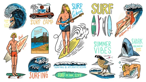 Surf badge, Vintage Surfer logo. Retro-golf en palm. Zomer Californische spelden ingesteld. Man op de surfplank, strand en zee. Met de hand gegraveerd embleem getekend. Banner of poster. Sporten in Hawaï. — Stockvector