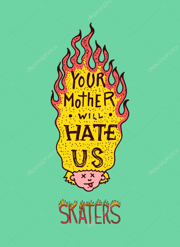 Burning hair character. Skateboard Label for typography. Vintage Fire. retro ride on the boards concept. Template for t-shirt and logo. Hand Drawn engraved sketch for shop, skate club or tattoo