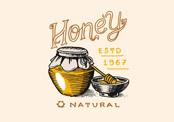 Honing en bijen. Vintage logo voor typografie, winkel of signboards. Badge voor t-shirts. Met de hand getekende schets. Vectorillustratie. — Stockvector