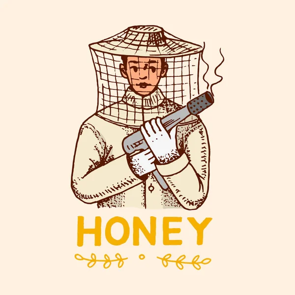 Du miel et des abeilles. L'apiculteur. Logo vintage pour typographie, boutique ou enseignes. Insigne pour t-shirts. Dessiné à la main graver croquis. Illustration vectorielle. — Image vectorielle