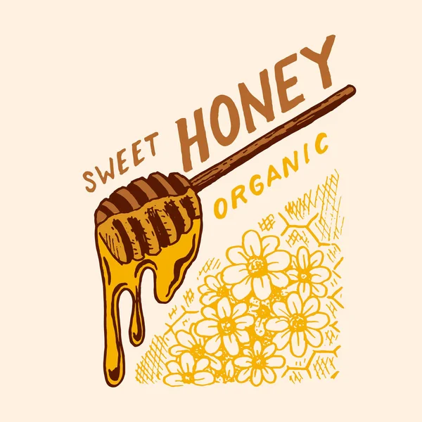 Du miel et des abeilles. Logo vintage pour typographie, boutique ou enseignes. Insigne pour t-shirts. Dessiné à la main graver croquis. Illustration vectorielle. — Image vectorielle