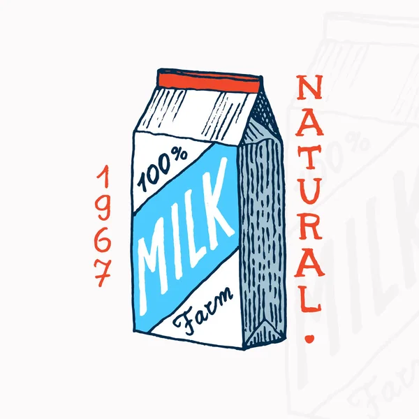 Ετικέτα γάλακτος. Συσκευασία ρετρό. Vintage λογότυπο για το κατάστημα. Σήμα για μπλουζάκια. Ζωγραφισμένο στο χέρι σκίτσο. Εικονογράφηση διανύσματος. — Διανυσματικό Αρχείο