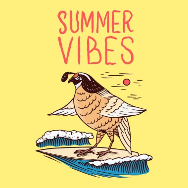 Retro Dalga ve Kuş. Sörf rozeti, Vintage Surfer logosu. Yaz Kaliforniya. İşlenmiş amblem el çizimi. Pankart ya da poster.