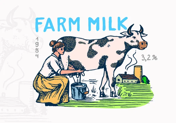 우유 배지요. 소와 여성 농부, 가게와 티셔츠를 위한 우유짜는 사람 빈티지 로고. 마을이나 초원. 손에 그림이 그려져 있다. 벡터 일러스트. — 스톡 벡터