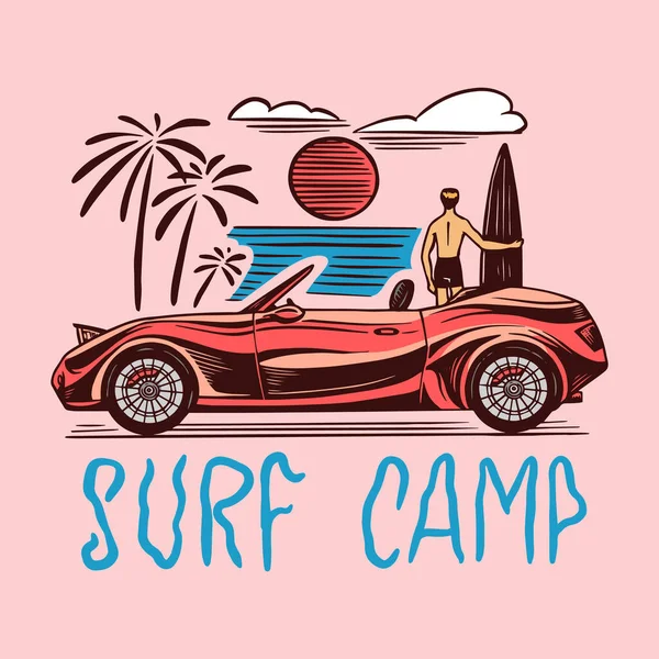 Surf kamp badge, Vintage Surfer logo. Retro auto. Zomer Californië. Man op de surfplank. Met de hand gegraveerd embleem getekend. Banner of poster. — Stockvector