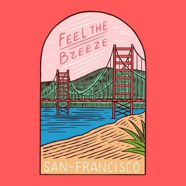 レトロな夏のサンフランシスコ。サーフバッジ、ヴィンテージサーファーのロゴ。刻まれた紋章の手が描かれた。旗又はポスター. — ストックベクタ