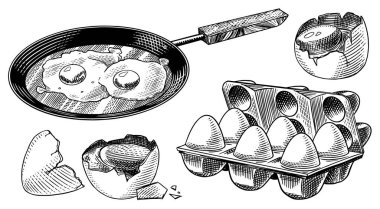 Yağda yumurta, omlet, kabuk ve ambalaj ile kızartma tavası. Çiftlik ürünü. Oymalı el çizimi, klasik bir eskiz. Ahşap kesim. Menü veya poster için vektör illüstrasyonu.