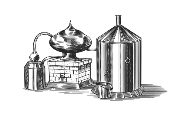 Alcohol destilado. Dispositivo para preparar tequila, coñac y licores. Dibujo vintage grabado a mano. Estilo Woodcut. Ilustración vectorial para menú o póster. — Archivo Imágenes Vectoriales