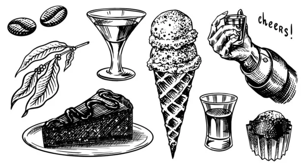 Deser likierowy. Ręka ze szklanym strzałem. Zdrowie tostów. Lody i ciasto, szklanka z alkoholem. Grawerowany ręcznie szkic rocznika. W stylu Woodcut. Ilustracja wektora menu lub plakatu. — Wektor stockowy