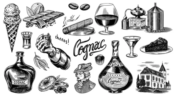 Cognac och hand med glas, flaskor med etiketter, cigarr och cocktail, sötsaker och gård, choklad och människa. Graverad handritad vintage skiss. Träsnitt. Vektor illustration för meny eller affisch. — Stock vektor