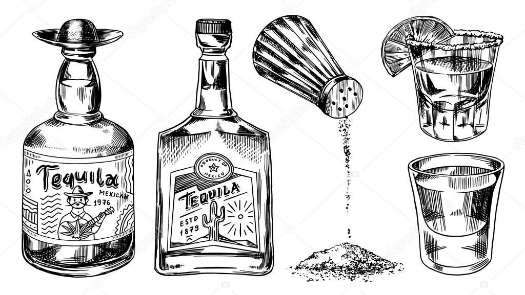 Tequila bottles and salt shaker. Glass Shots with Alcoholic Drink and Lime. Engraved hand drawn vintage sketch. Woodcut style. Vector illustration for menu or poster. Vector illustration