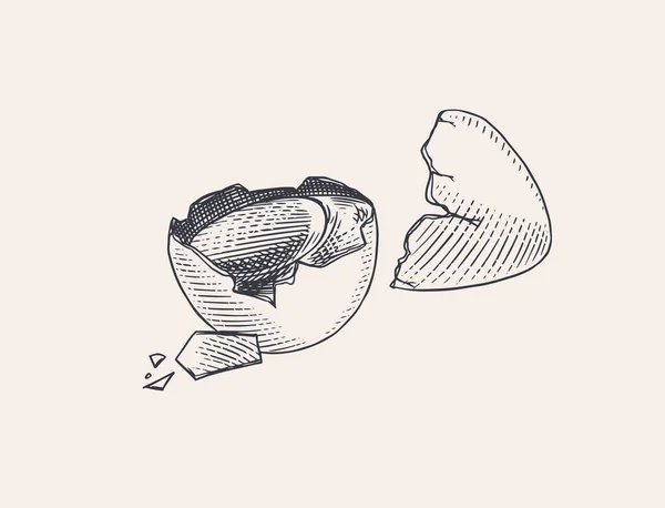 Huevo roto con yema y cáscara. Producto de granja. Dibujo retro grabado a mano. Estilo Woodcut. Ilustración vectorial para menú o póster. — Vector de stock
