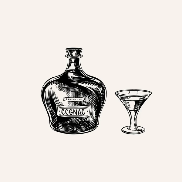 Bouteille de cognac et gobelet en verre. Esquisse vintage gravée à la main. Style Woodcut. Illustration vectorielle. — Image vectorielle