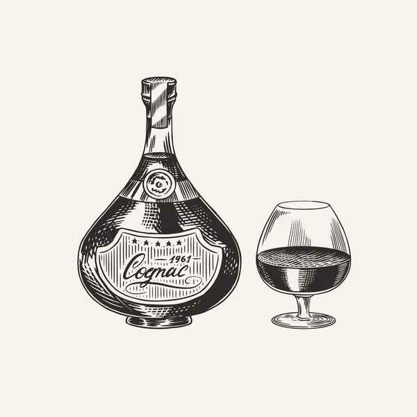 Frasco de coñac y copa de vidrio. Dibujo vintage grabado a mano. Estilo Woodcut. Ilustración vectorial. — Vector de stock