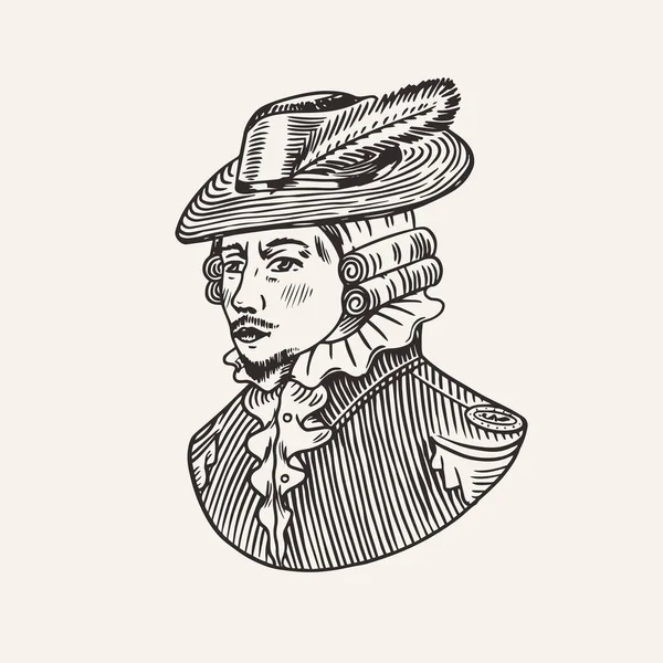 Hertog of antieke Victoriaanse man met veren hoed. Gegraveerde handgetekende vintage schets. Houtsnijstijl. Vectorillustratie — Stockvector