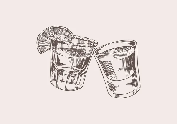 Proost. Vintage Mexicaanse tequila badge. Glazen shots met sterke drank. Alcoholische Label voor poster banner. Handgetekende schetsbelettering voor t-shirt. — Stockvector