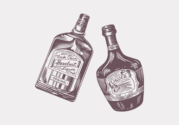 Proost. Vintage drankpenning. Glazen fles met sterke drank. Alcoholische Label voor poster banner. Handgetekende schetsbelettering voor t-shirt. — Stockvector