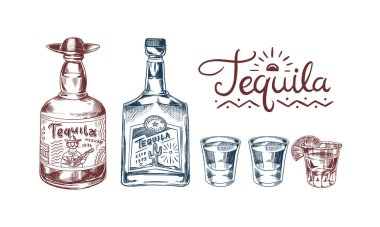 Limonlu bir şişe tekila bardağı ve retro poster ya da afiş için etiket. Meksika içkisi. Oymalı el çizimi, klasik bir eskiz. Woodcut Vektör illüstrasyonu.
