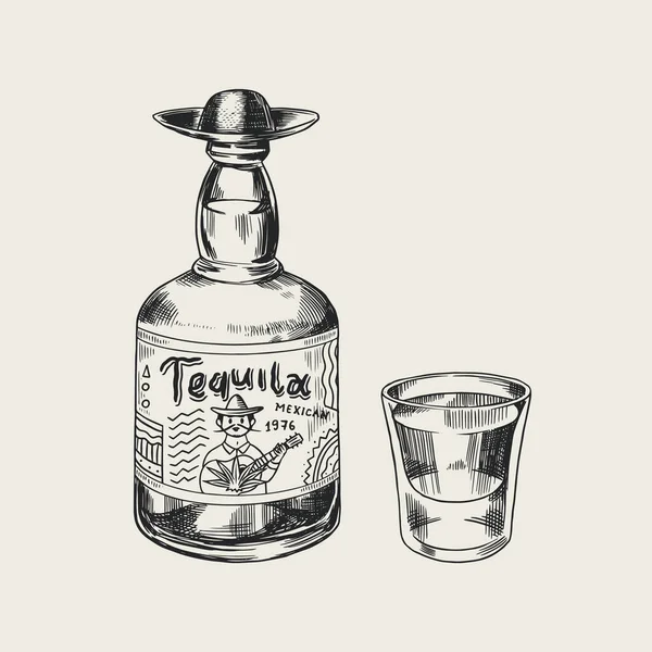 Botella de tequila Tiro de vidrio y etiqueta para cartel o pancarta retro. Dibujo vintage grabado a mano. Estilo Woodcut. Ilustración vectorial. — Vector de stock