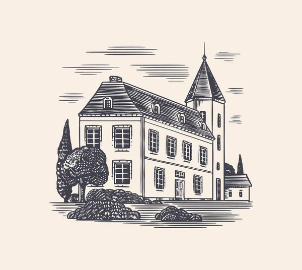 Alkoholproduktionsanlage. Schloss Cognac. Handgezeichnete Vintage-Skizze. Holzschnitt-Stil. Vektorillustration — Stockvektor