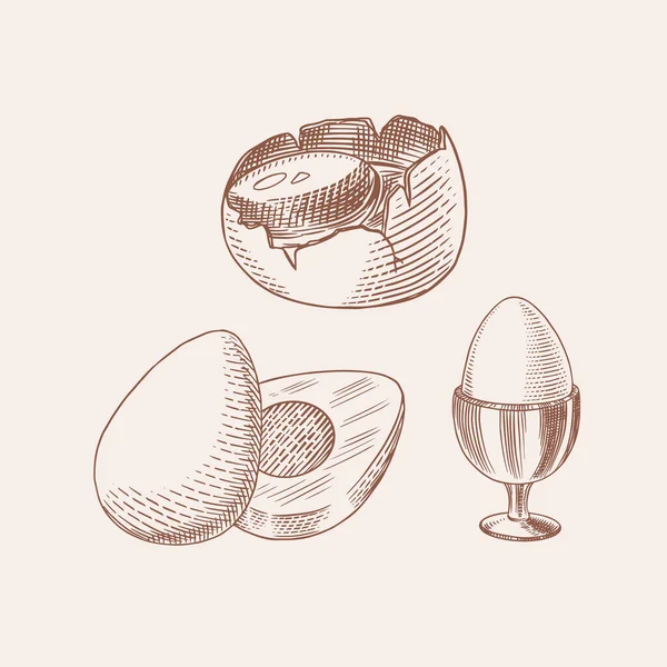 Huevos y yemas, cáscara y productos agrícolas. Dibujo vintage grabado a mano. Estilo Woodcut. Ilustración vectorial para menú o póster. — Archivo Imágenes Vectoriales
