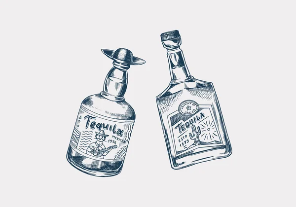 Garrafa de vidro com bebida forte. Um brinde. Emblema de tequila mexicano vintage. Etiqueta alcoólica para banner de cartaz. Desenho à mão gravado esboço lettering para t-shirt. —  Vetores de Stock