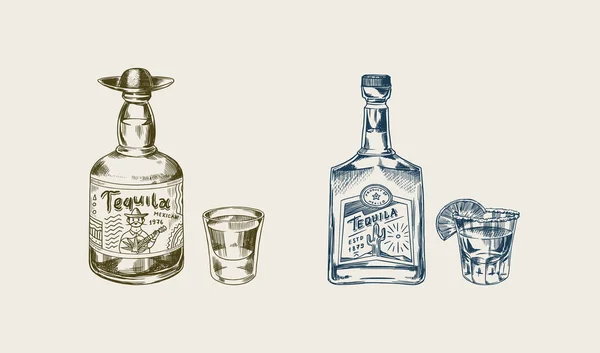 Bouteille de tequila Verre tourné à la chaux et étiquette pour affiche ou bannière rétro. Un verre mexicain. Esquisse vintage gravée à la main. Style Woodcut. Illustration vectorielle. — Image vectorielle