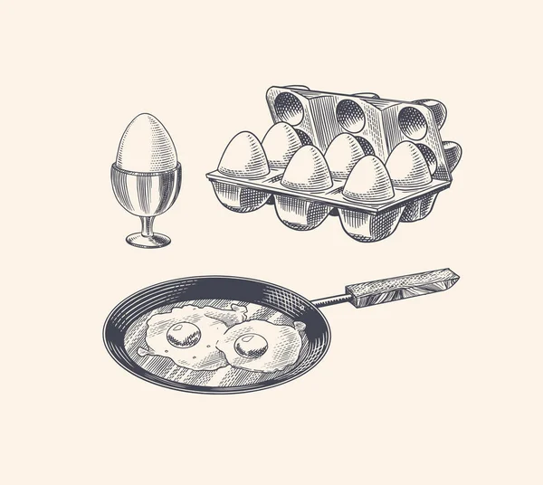 Sartén con huevos fritos y tortilla revueltos, cáscara y embalaje. Producto de granja. Dibujo vintage grabado a mano. Estilo Woodcut. Ilustración vectorial para menú o póster. — Vector de stock