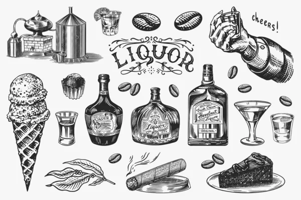 Ensemble d'alcool. Bouteille et injection et alcool distillé. Du verre à la main pour porter un toast. Cigare et bonbons, crème glacée et barre de chocolat. Esquisse vintage gravée à la main pour menu ou affiche. — Image vectorielle