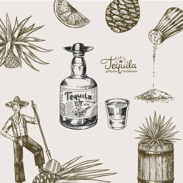 Tequila background. Glass bottle, shot with lime, blue agave Plant, barrel and farmer and harvest. Retro poster or banner. Engraved hand drawn vintage sketch. Woodcut style. Vector illustration. — Stock Vector