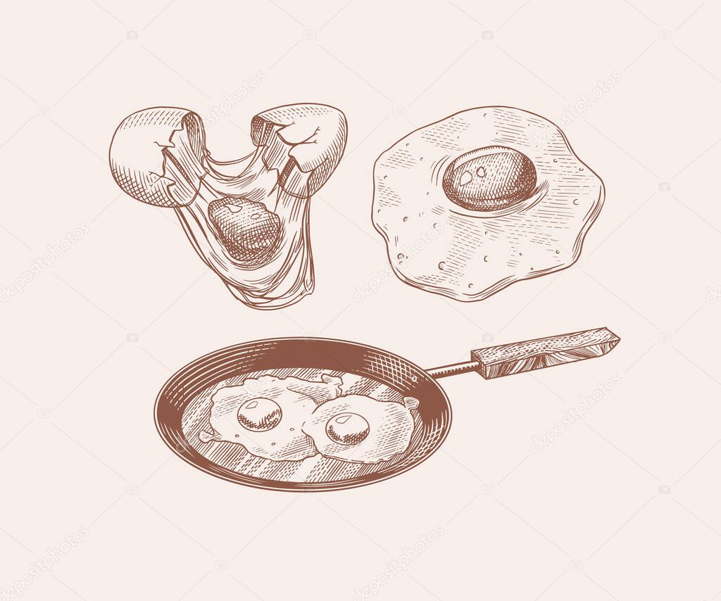 Frying pan with fried eggs and scrambled omelette, Shell and yolk. Farm product. Engraved hand drawn vintage sketch. Woodcut style. Vector illustration for menu or poster.