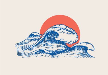 Atlantik gelgit dalgaları ve kızıl güneş. Eski moda el yazması etiketler. Deniz ve deniz ya da deniz, Japon tarzı afiş, arkaplan ya da poster için okyanus. İzole vektör illüstrasyonu seti.