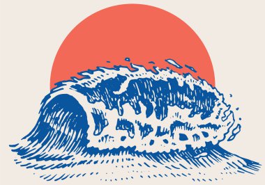 Atlantik gelgit dalgaları ve kızıl güneş. Eski moda el yazması etiketler. Deniz ve deniz ya da deniz, Japon tarzı afiş, arkaplan ya da poster için okyanus. İzole vektör illüstrasyonu seti.