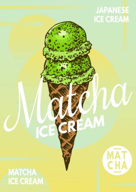 Kibrit yeşil çay dondurma posteri. Japon bayrağı. Menü veya kitap için oyulmuş el çizimi Vintage çizimi.