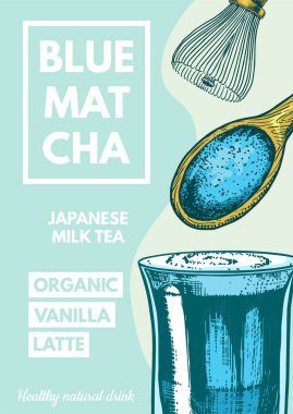 Matcha blue tea posteri. Sağlıklı sütlü latte. Japon tören afişi. Menü veya kitap için oyulmuş el çizimi Vintage çizimi.