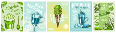 Kibrit yeşil çay posteri. Sağlıklı sütlü latte, Smoothie Bowl, Dondurma ve Çikolata. Japon tören afişi. Menü veya kitap için oyulmuş el çizimi Vintage çizimi.
