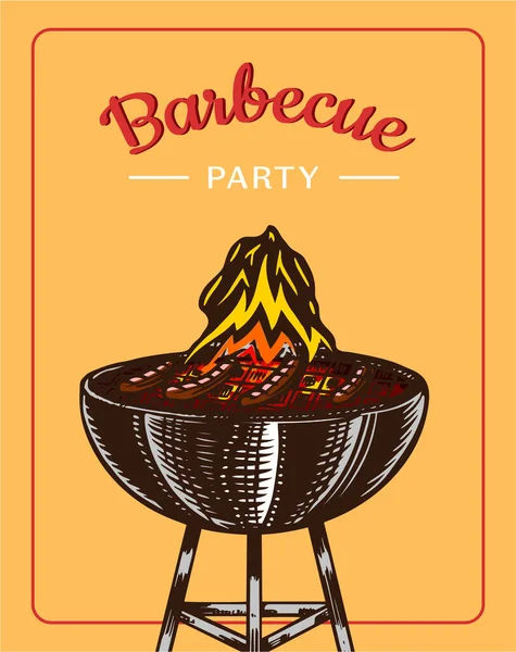 Елементи решітки Barbecue були ізольовані на жовтому тлі. Постер вечірки BBQ. Літній час. Чайник із соусом. Кухонне обладнання для меню. Готувати на вулиці. Намальований вручну. Вінтажний вигравіруваний ескіз. — стоковий вектор