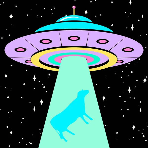 UFO Poster oder Banner. Unbekanntes Flugobjekt und Kuh. Vektor-Illustration für Aufkleber oder Web. — Stockvektor