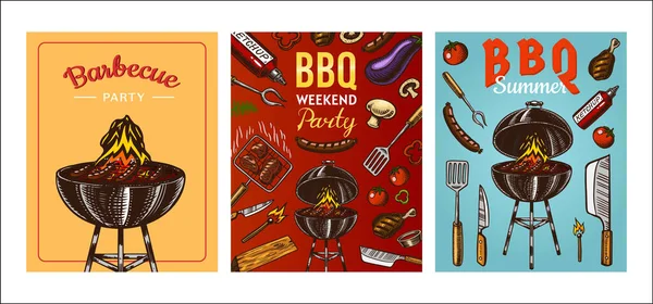 Barbecue grill elementos conjunto isolado no fundo vermelho. Cartaz de festa de churrasco. Hora de verão. Chaleira de carvão com molho. Equipamento de cozinha para menu. Cozinhar ao ar livre. Mão desenhada. Desenho gravado vintage. — Vetor de Stock