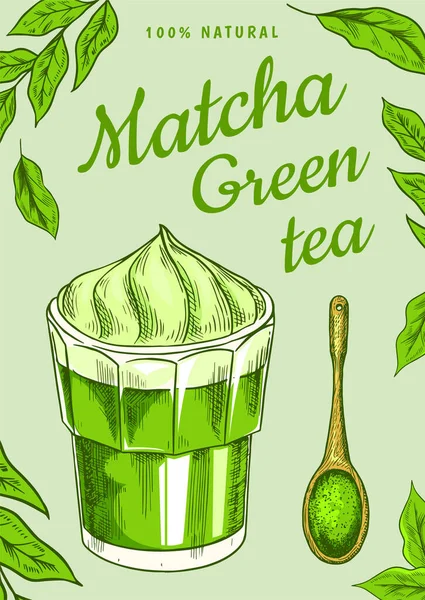 Matcha zöld tea poszter. Egészséges tejeskávé. Japán ünnepi transzparens. Gravírozott kézzel rajzolt Vintage vázlat menühöz vagy könyvhöz. — Stock Vector