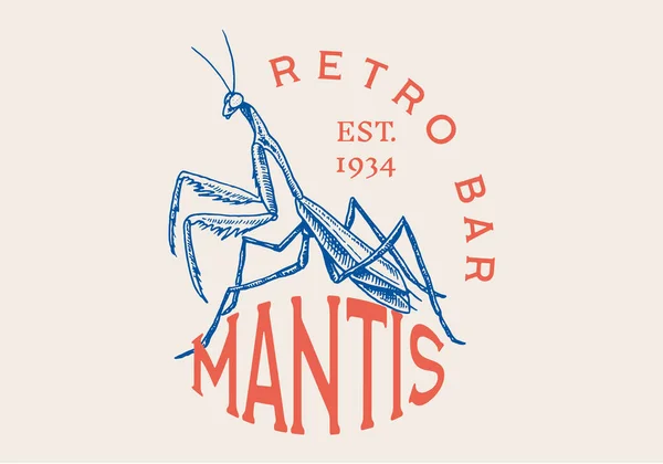 Insect logo. Vintage Bug Beetle Mantis label for bar or tattoo studio. Emblems badges, t-shirt typography. Engraved Vector illustration. Stock Vector
