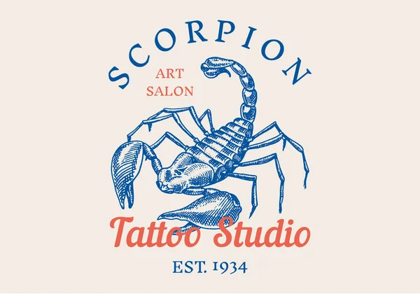 Insect logo. Vintage Scorpion label for bar or tattoo studio. Emblems badges, t-shirt typography. Engraved Vector illustration. Royalty Free Stock Vectors