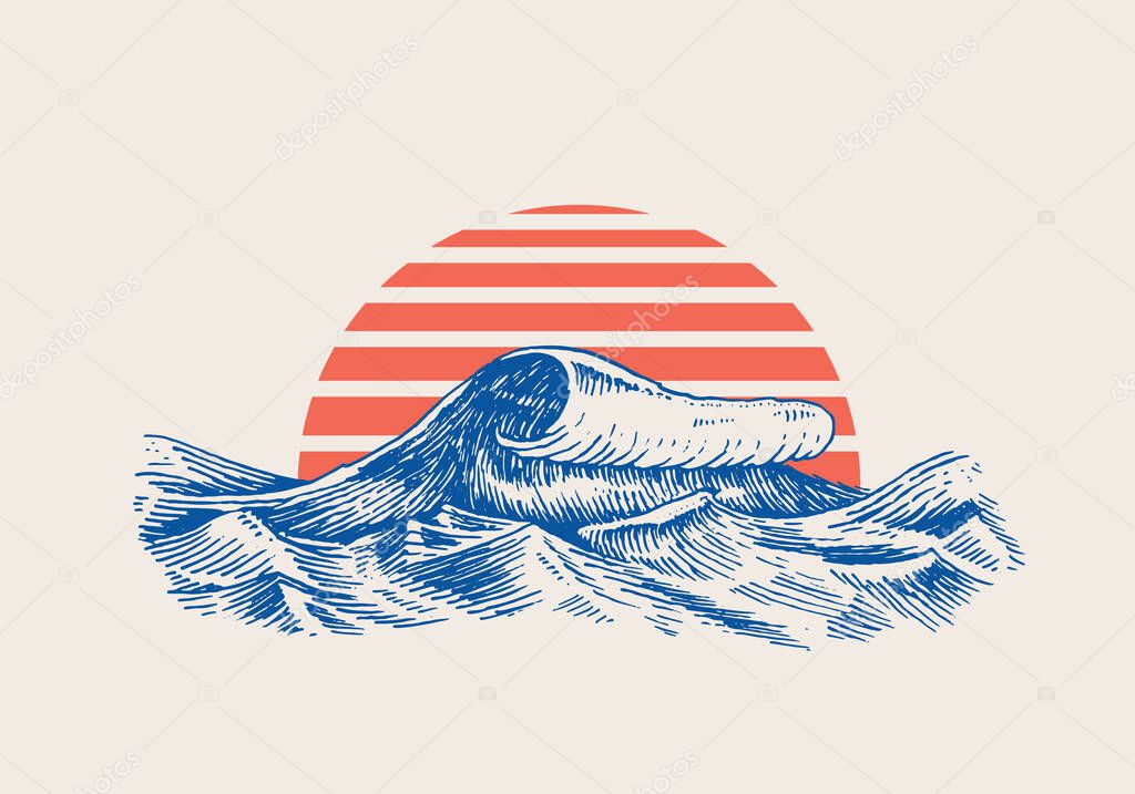 Atlantic tidal waves and red sun. Vintage old engraved hand drawn labels. Marine and nautical or sea, ocean in Japanese style for banner, background or poster. set of Isolated vector illustration.