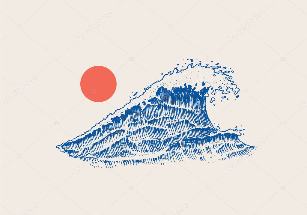 Atlantic tidal waves. Vintage old engraved hand drawn labels. Marine and nautical or sea, ocean background for banner or poster. set of Isolated vector illustration. Vector illustration