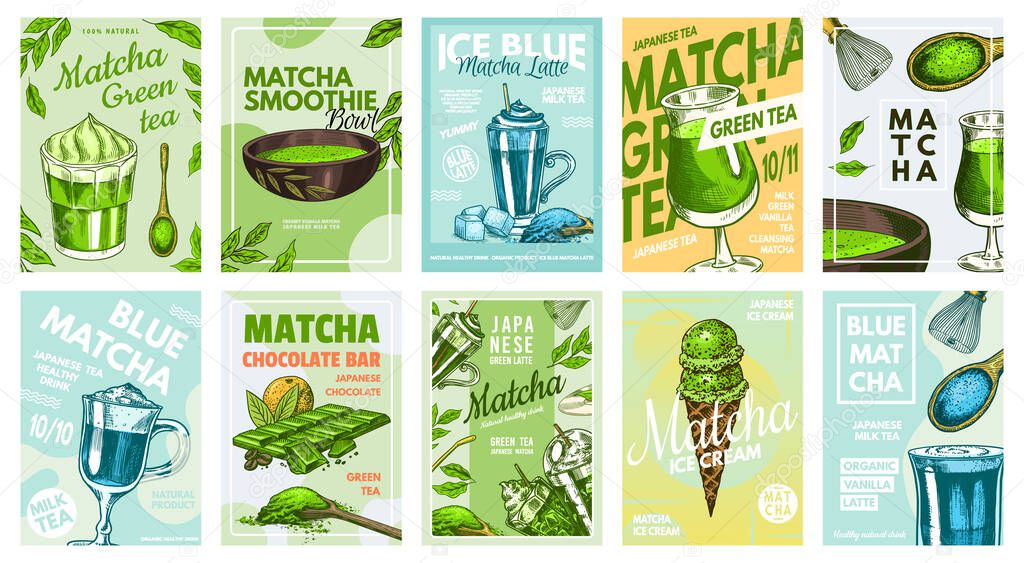 Matcha green tea poster. Healthy milk latte, Organic powder, bamboo whisk chasen, bowl chawan. Japanese ceremony banner. Engraved hand drawn Vintage sketch for menu or book. Vector illustration