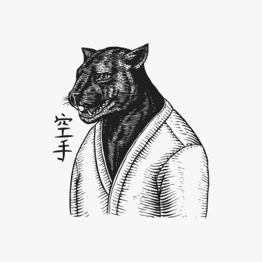 Kara panter güreşçisi ya da kedi dövüşçüsü. Japonca metnin anlamı: karate. Moda hayvanı karakteri. El çizimi eskiz. Logo, etiket ve dövme veya tişörtler için oymalı illüstrasyon.