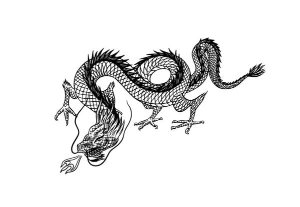 中国龙传说中的动物或亚洲传统爬行动物。纹身或标签的符号。雕刻手绘线条艺术古今单色素描,油墨.矢量说明. — 图库矢量图片