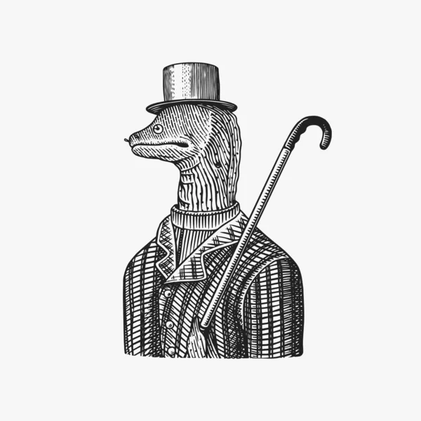 Muraena Aals Gentleman in Hut und Anzug mit Stock. Fashion Animal Charakter. Meeresbewohner. Handgezeichnete Skizze. Vektorgravierte Illustration für Logo, Etikett und Tätowierung oder T-Shirts. — Stockvektor